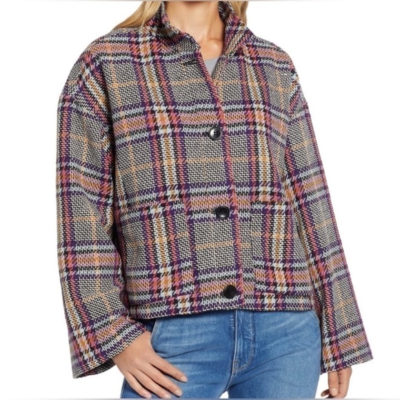 HALOGEN Tweed Crop Jacket Blazer Oversized Knit High Collar Boxy L Multicolor - Picture 4 of 10